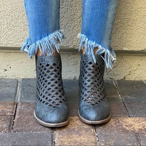 Charcoal V Split Perforated Caged Ankle Booties